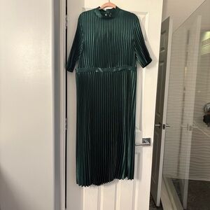 Marc Cain Forest Green Pleated Midi Dress with Satin Waist